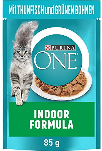 PURINA ONE Indoor Formula, zarte Stückchen in Sauce, 26 x 85g | Katzenfutter nass für Hauskatzen, mit Thunfisch