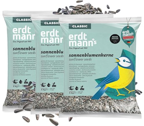 Erdtmanns Sonnenblumenkerne für Wildvögel 3 x 5 kg, (15kg) – Unschälbares Ganzjahresfutter – Energiequelle für Meisen, Sperlinge & mehr – Vogelfütterung für Garten & Balkon
