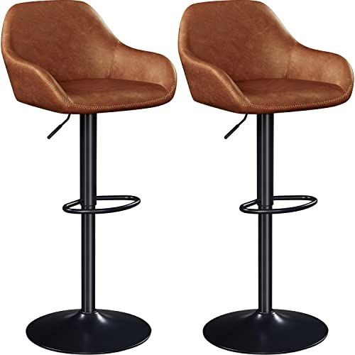 Yaheetech Barstol, set om 2, höjdjusterbar barstol, pall med ryggstöd, diskpall, roterbar bistropall av konstläder, brun