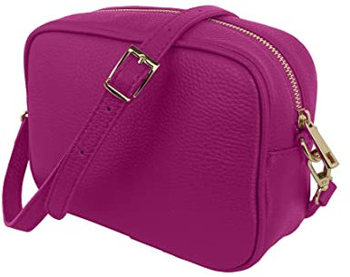 JOPHY & CO. Sac à bandoulière en cuir véritable avec franges et fermeture éclair pour femmes cod.5210, Fuchsia 5275, S