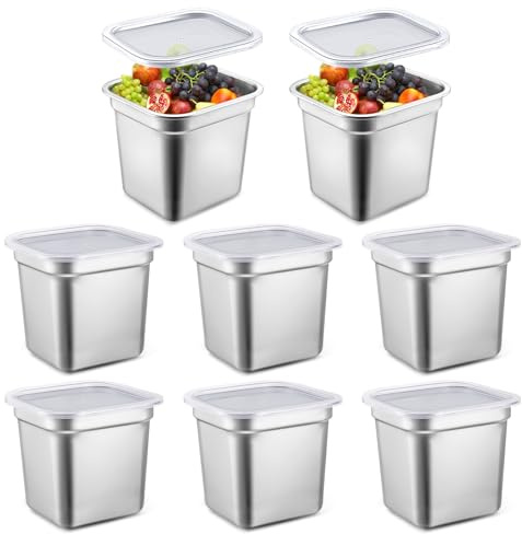 Suttmin 8 Pcs 1/6 Size Hotel Steam Table Pans with Lids, Stainless Steel Food Containers and PP Plastic Covers, Anti-clogging Steamer Pans for Buffet, Catering, Restaurant, and Food Prep(6 Deep)