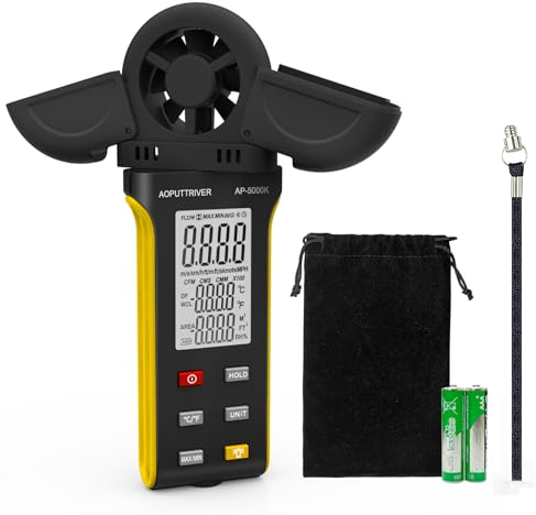 AOPUTTRIVER AP-5000K Windmessgerät Handheld Windmesser mit um 270° drehbarem Detektor und Doppelflügelabdeckung, Anemometer mit Hintergrundbeleuchtung, MAX/MIN/AVG, Temperatur