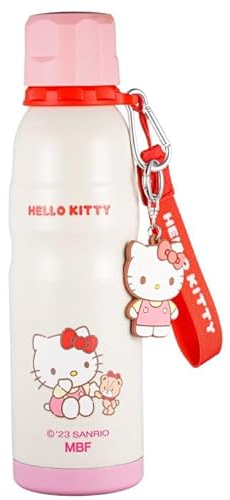 Hello Kitty Isolierte Wasserflasche aus Edelstahl mit Schlüsselanhänger und Gurt – Rosa 600 ml