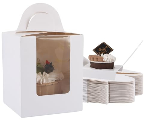 CYEER 100 Pack Cupcake Boxes Single, White Individual Cupcake Boxes with Handles, 1 Hole Cake Box with Window and 3 Sheets of Stickers for Wedding Birthday Party Favors