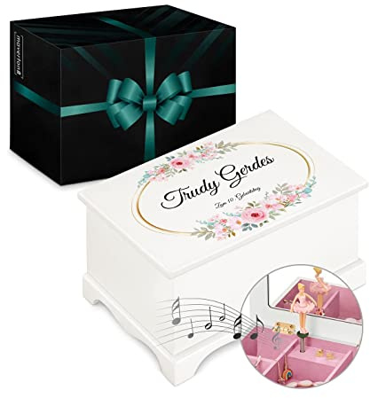 Maverton Jewelkeeper mit Aufdruck - Schmuckschatulle mit Spieluhr Ballerina - Musikschmuckdose für Mädchen - Schmuckkästchen zur Taufe - zur Erstkommunion - zum Geburtstag - ohne Schublade - Blumen