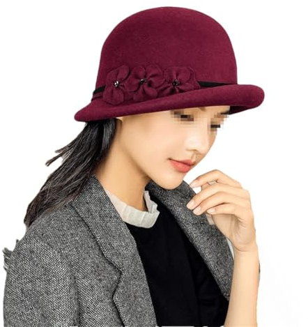 Dvbfufv Fedora-Damenhut aus Filz, für Damen, Winter, Wolle, Party, formelle Glockenmütze, weinrot, Einheitsgröße