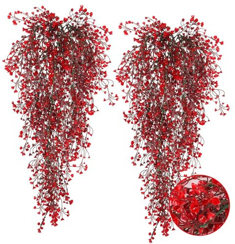 Rote künstliche Hängepflanzen, 4 Stück, rote künstliche Farn-Hängepflanzen, rote künstliche Ranken, künstliche hängende Grünpflanzen, rote künstliche hängende Stiele für Terrasse, Veranda, rote