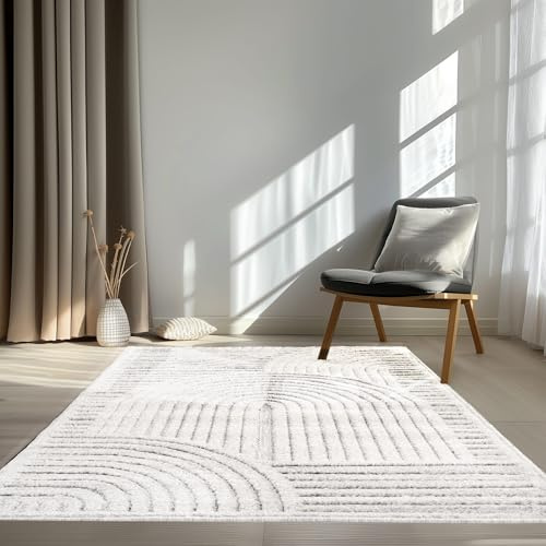 Taracarpet In & Outdoor Teppich Barcelona Wetterfest Balkon Boho Wohnzimmer Küche Skandinavisch Muster Einfarbig 3D Effekt Modern weiß Kreise Welle 140x200 cm