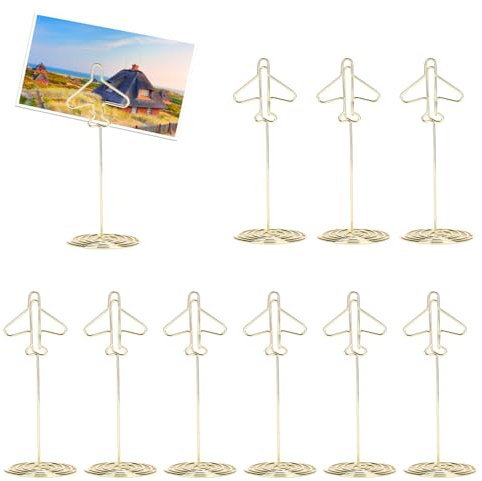 Flugzeug-Nachrichtenhalter mit Metall-Sockel (10 Stück) - Stilvolle Kartenhalter für Hochzeiten, Partys & Büro, Robuste Memo-Clips mit stabilem Rundfuß, Platzsparendes Liniendesign
