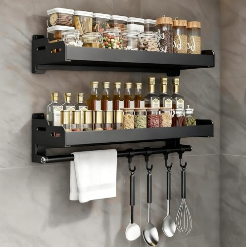 EigPluy 2 Stück Hakenleiste für Küchenutensilien, Klebstoff/Bohren 2 Wege installieren Küche Hakenleiste mit 4 Haken,40cm Wandmontiertes Küchenutensilien-Organizer-Rack(Schwarz)