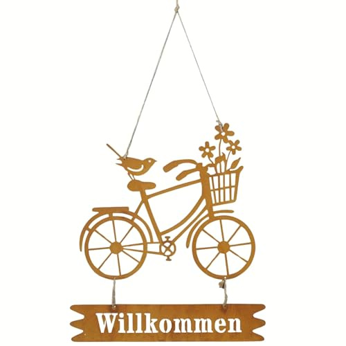 Edelrost-Fahrrad mit Willkommensschild - 25,5x27,5cm - in Rostoptik, Blumenkorb - Vogel - Metall, Herren Fahrrad