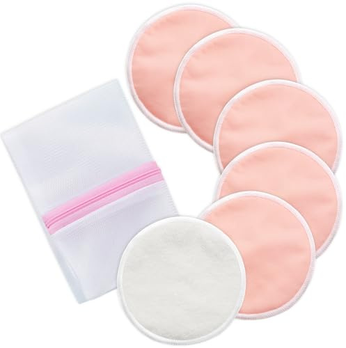 Mandabloom Reusable Breast Pads, Organic Nursing Pads, 4-layer Washable Nursing Pads, Invisible, Fast Absorption, 6 Pack + Wash Bag