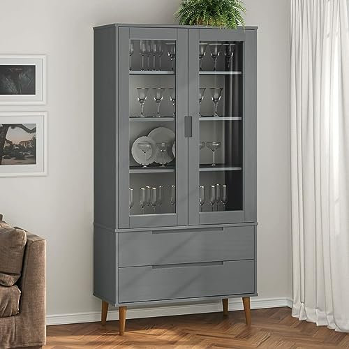 ZEYUAN Vitrinenschrank MOLDE Grau 90x35x175 cm Massivholz Kiefer, Vitrine, Schrank Regal, Sammlervitrine, Schmuckvitrine, Manga Regal