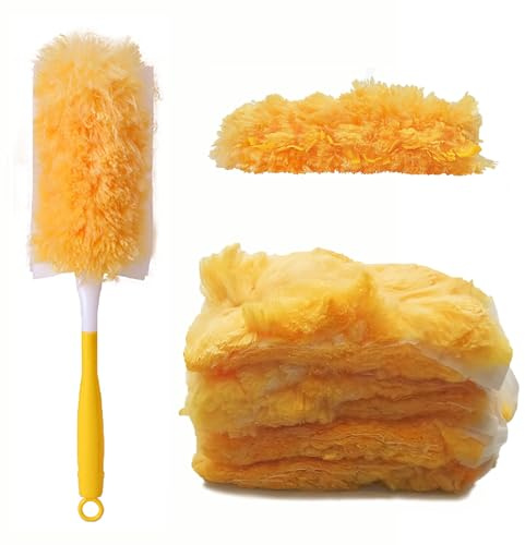 Syiyunran Juego de Recambio Plumero Limpieza - Amarillo 10 Piezas Microfibra con 1 Mango, Fregona Desechable,Plumero Esponjoso para Limpiar el Polvo del Hogar y la Oficina, Suciedad Coche