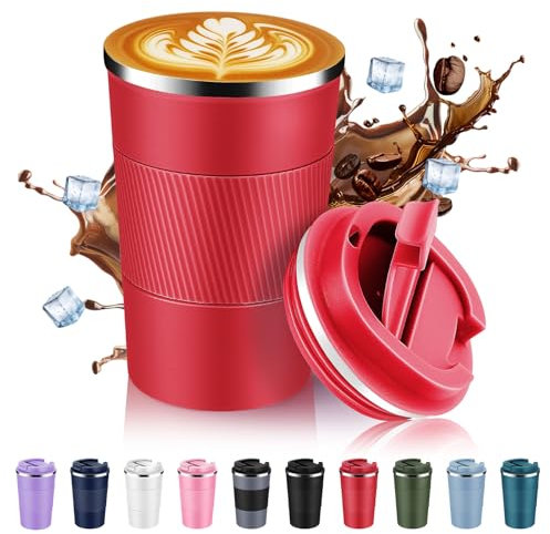 Volhoply Tazza da caffè isolata in acciaio inox da 368,5 g, con coperchio Fip, riutilizzabile, a doppia parete, in metallo, portatile, a prova di perdite, per bevande calde e fredde (rosso, 1)