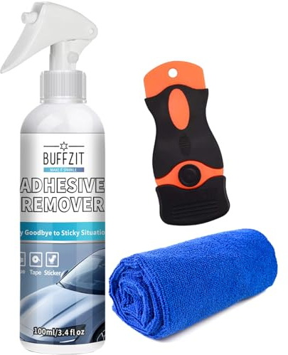 BUFFZIT Car Adhesive Remover - Glue Removal Spray for Decals, Stickers, Labels & Tape on Bumper Glass Paint Glue Gone with Plastic Scraper Tool – 100ml/3.4oz