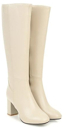 Stivali al ginocchio Stivali Per Donne, Punta quadrata A punta quadrata Blocco Tacco Stivali Tacco alto Cerniera laterale Stivali lunghi Eleganti Albero alto Ampio A cavallo Moda Stivali(Beige,35 EU)