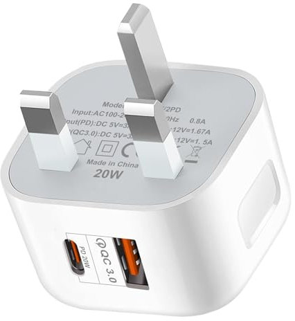 USB C Plug,20W USB C Fast Charger Plug, For iPhone Charger Adaptor UK Compatible with iPhone 16/15/14/14 Plus/14 Pro/14 Pro Max/13 12 11 X XR XS SE/Pad-1Pack