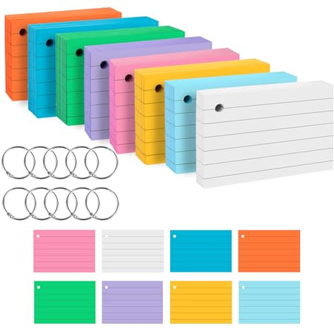 Agoer Karteikarten A7 mit Metallringen Liniert,400 Stück Set in 8 Farben Vokabelkarten Bunt - Beidseitig Liniert Flashcards mit Ring für Studienaufzeichnung, Unterwegs, Vokabel Lernen