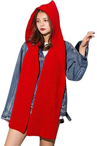 Solides 2-in-1-Strick-Kapuzenschal-Set für den Winter, Melonen-Kappe, warm, dick, Zopfstrickmütze, Schal, Set, dehnbar, athletische Mützen, Schal-Set für Damen, Seidenschal für Frauen, rot, One size