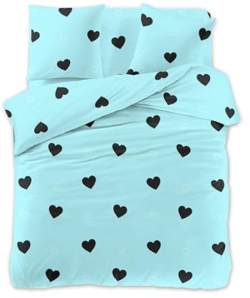 FEBE Bettwäsche Blau mit Herzen Bettbezug-Set 140x200cm + Kissenbezug 70x80cm 2 Teilig mit Reißveschluss
