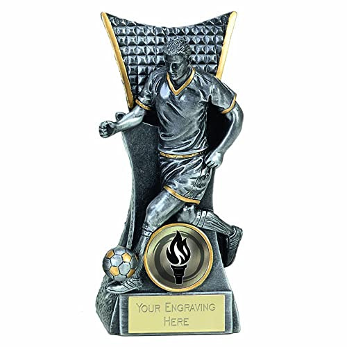 TROPHIESPLUSMEDALS Conqueror Antique Silver Action Football Trophy, 14cm | Resin football trophy with detailed player design and free engraving on personalised plate, ideal for clubs and leagues.