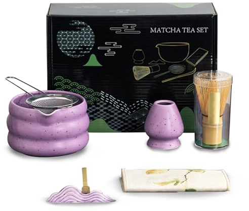 OKYUK Matcha-set, premium matcha teset med tillbehör för den traditionella matcha-ceremonin inklusive matchaskål, matcha kvast, matcha sil och mer, perfekt för ceremonial grade matcha (lila)