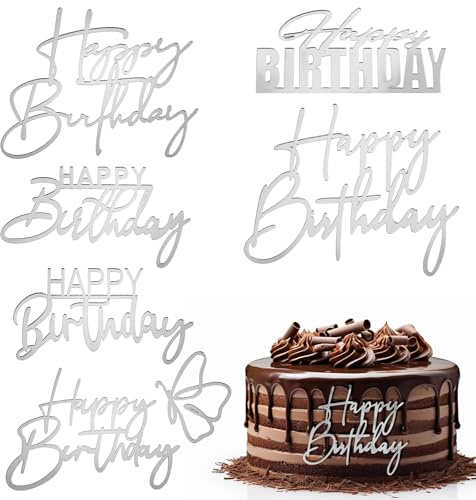 6 Stück Happy Birthday Tortendeko Silber Cake Topper Geburtstag Tortenaufsätze Happy Birthday Acryl Kuchenaufsätze Tortenschilder Besondere Tortenaufsätze zum Happy Birthday Cake Topper Geburtstag