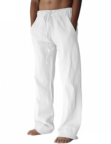 PIDOGYM Mens Cotton Linen Pants Beach Casual Pajama Pants with Pockets | Elastic Waist Drawstring, Lightweight, Wide Leg Loose Design, Vacation Summer Outfits, Baggy Dress Trousers, Yoga for Women