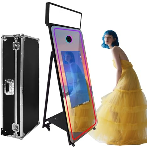 Cabine photo miroir avec écran tactile de 81,3 cm, lumière de remplissage, contrôle par application, lumière RVB, appareil photo reflex numérique portable avec étui de transport pour fêtes de mariage