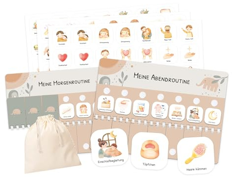 Routine Planer Kinder für Morgenroutine und Abendroutine - Routineplaner, Tagesplan Kinder mit Klett-Punkten und 105 Symbolkärtchen, Montessori Planer, Routinehilfe zum Umklappen (Elephant)