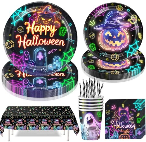 Halloween Partygeschirr Set,61 Stück Halloween Neon Papier Partygeschirr Set,Neonfarbenes Partygeschirr Set,Neon Party Dekorationen,mit Pappteller Becher Servietten Tischdecke Strohhalme für 10 Gäste