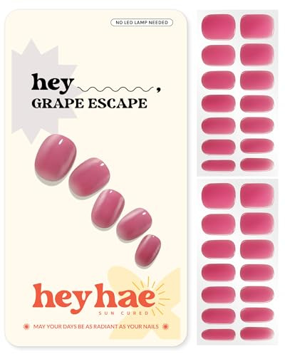 Heyhae Semi Cured Gel Nail Strips | No LED Lamp Needed | Summer, Solid, Red | Easy Apply & Remove, Salon Quality | Includes 28 Strips, 1 Prep Pads, Nail File & Wooden Stick - Hey, Grape Escape