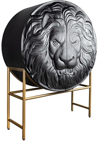 Riess Ambiente Highboard Lion - 140cm - schwarz Mangoholz 3D Schnitzereien rund goldenes Metallgestell Kommode Stauraum