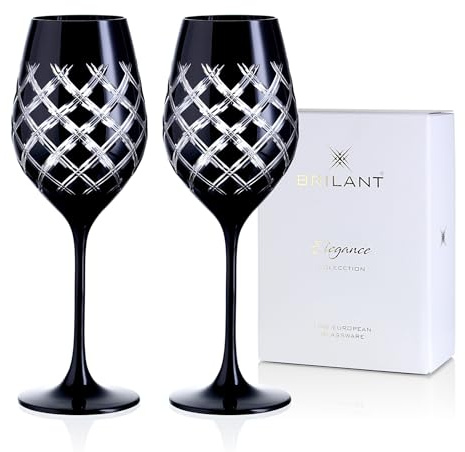 Brilant Ghost Black White Wine Glasses, Set of 2, Limited Edition, Wine Glasses with Special Black Lacquer and Diamond Grid Pattern, Lead-Free, EU Handmade, Set of 2, 470 ml