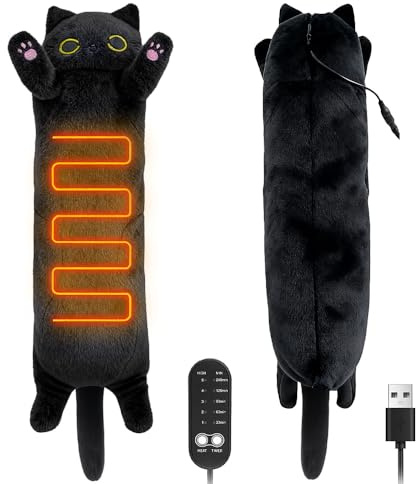 RNPKZ Electric Heat Pad for Period, Animal Shaped Stuffed Heated Pad, 50CM Heated Long Cat Plush Pillow, USB Powered Menstrual Heating Pad for Women Teenage Girls Period Neck Shoulder Back (Black)