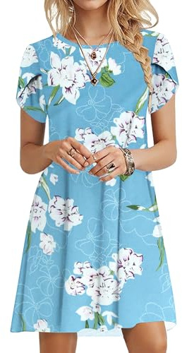 PLOKNRD Sommerkleid Damen Blütenblatt Ärmel T-Shirt Kleid Rundhals Blumenmuster Freizeitkleid Leicht und Luftig mit Taschen(Hellblaue Blüten,L)