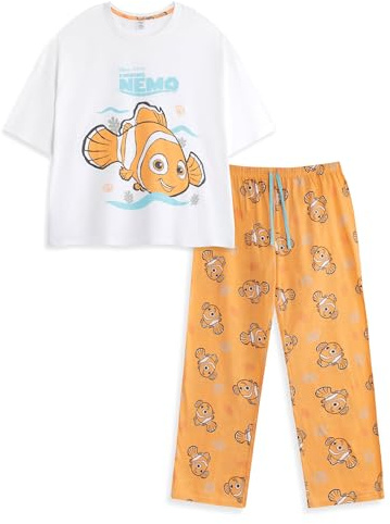 Disney Pijama de Manga Corta y Pierna Larga para Mujer de Buscando a Nemo | Ropa de Dormir y para Estar en casa con Estampado Animal Naranja | Pijama de Cuello Redondo para Relajarse y Dormir