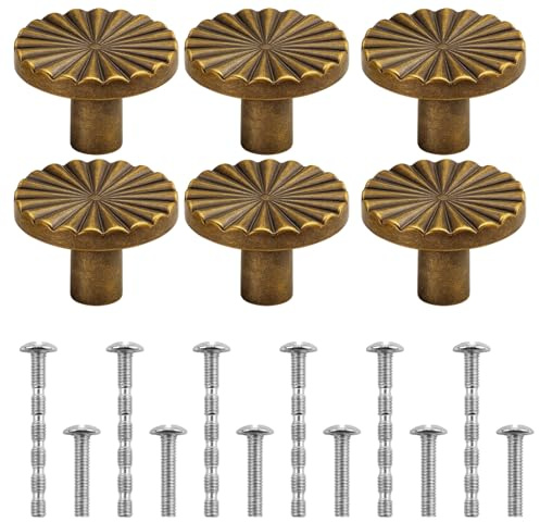 YcsRnn 6 Pack Antique Brass Door Knobs, Vintage Drawer Handles for Cabinets, Cupboards, Wardrobes, Dressers, Kitchen Bathroom Furniture Hardware, 30x20mm Brass Cabinet Handles with Screws