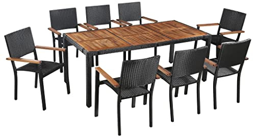 JHQHSM 9 pezzi Gruppo da giardino in rattan sintetico con tavolo in legno di acacia e 8 sedie di colore nero, resistente alle intemperie, in rattan sintetico PE per terrazza, set da esterno durevole