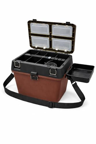 Angelkoffer mit Sitzfunktion mit Seitenbox und Tragegurt, Angelbox mit Organizer-Fächern Angelkoffer Sitzkiepe Angelkasten Angeltasche Angelkiste Sitzbox Angeln