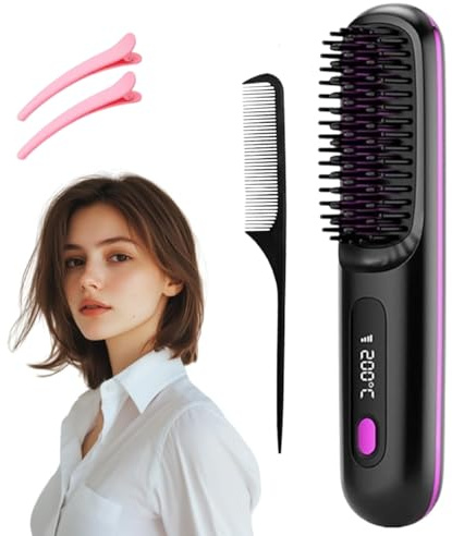 Brosse Chauffante Sans Fil,Peigne Lissant Chauffant En Céramique Sans Fil, Idéale Pour Les Cheveux Courts, Rechargeable Par Usb, Avec 3 Niveaux De Température Et Écran Led (1*A)
