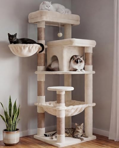 Heybly Arbre à Chat 142cm Grands Chats, Tour Griffoir 2 Perchoirs HCT028MJ | Hamac XL En Peluche, Niche Privée, Panier Orientable, Sisal Naturel, Base Stable, Escalade Et Repos En Intérieur, Beige
