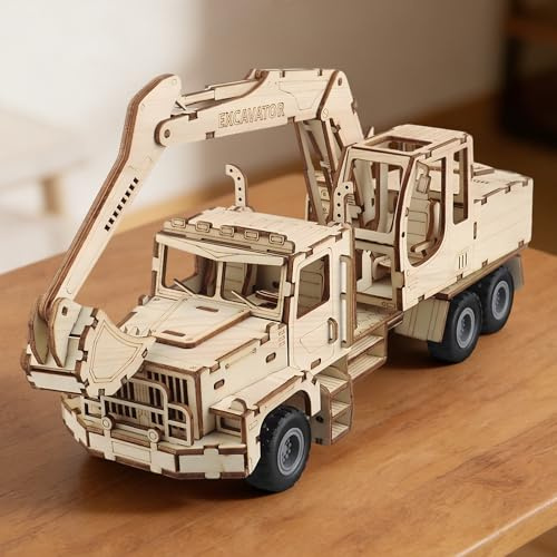 Foyucool 3D Wooden Puzzles for Adults, Mechanical Car Model Kits to Build | DIY Pull-Back Vehicle Construction Set, Creative Birthday for Teens Men (Heavy Excavator)
