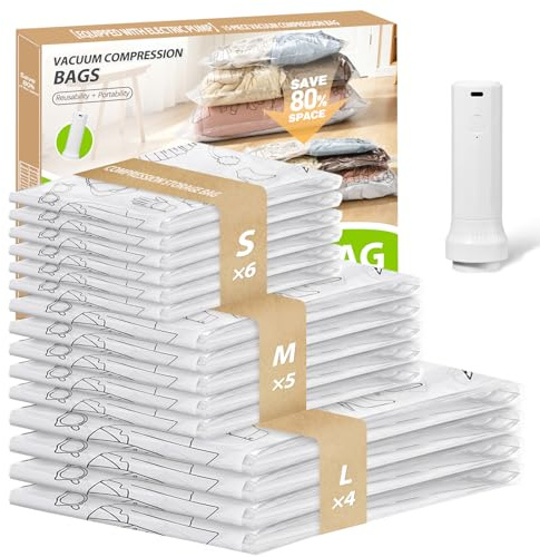 Jcocylse Vakuumierbeutel für Kleidung & Bettdecken – Platzsparende Vacuum Bags for Clothing – Vakuumbeutel mit Pumpe als Koffer Organizer & Reise Gadgets(15 Stk)