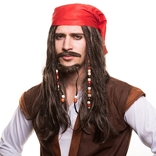 Perruque de pirate avec des perles et un bandana rouge pour le costume de pirate parfait pour le carnaval.