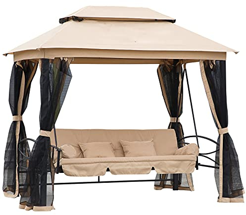 Outsunny Hollywoodschaukel Gartenschaukel Schaukel mit Seitenwänden 3-Sitzer Beige 256 x 172 x 248 cm