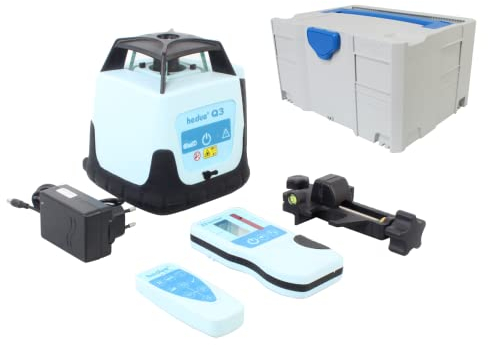 hedue® Rotationslaser Q3 - Rotationslaser selbstnivellierend mit zwei Laserklassen, Baulaser Rotationslaser mit Empfänger E2, Fernbedienung und Ladegerät, im Systainer