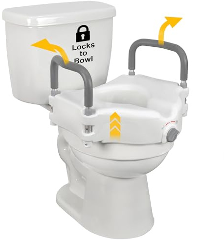 Vaunn Raised Toilet Seat and Elevated Commode Booster Seat Riser with Removable Padded Grab Bar Handles & Locking Mechanism