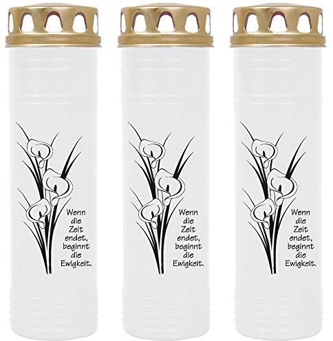 HS Candle Grabkerze - 3er Pack - (Weiß) Grablicht ca. 7 Tage Brenndauer je Kerze - Motiv: Calla